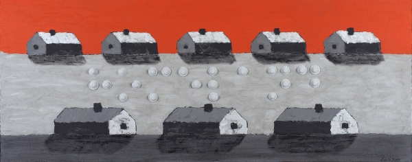 Ленин (Носальский) Владимир. «Houm Land». 2019. Холст, галерейный планшет, цементная паста, акрил. 150x60 см.