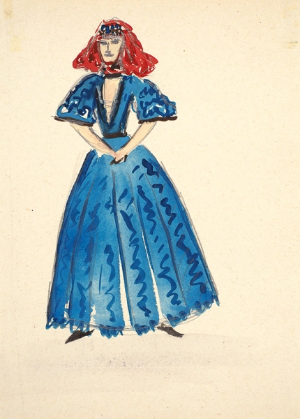 Вирсаладзе Симон Багратович (1908–1989) «Танцовщица в голубом платье». Эскиз костюма для балета Б.В. Асафьева «Ашик-Кериб». 1941. Бумага, графитный карандаш, гуашь, 20,5x15 см.