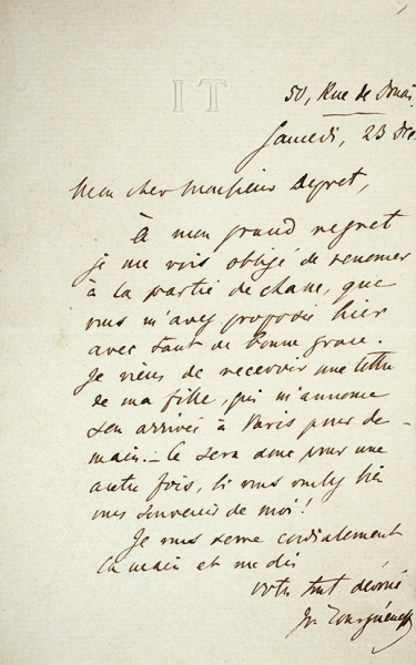 Собственноручное письмо И.С. Тургенева к Луи Депре от 23 декабря 1876 г. На французском языке. С экспертизой РГАЛИ. 1876.