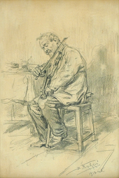 Маковский Владимир Егорович (1846–1920) «Скрипач». 1916. Бумага, графитный карандаш, 23x15,3 см (в свету).