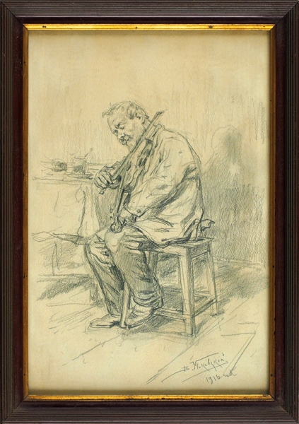 Маковский Владимир Егорович (1846–1920) «Скрипач». 1916. Бумага, графитный карандаш, 23x15,3 см (в свету).