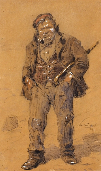 Маковский Владимир Егорович (1846–1920) «Тип забулдыга». 1919. Бумага на картоне, графитный карандаш, акварель, белила, сепия, 29,3x18,1 см.