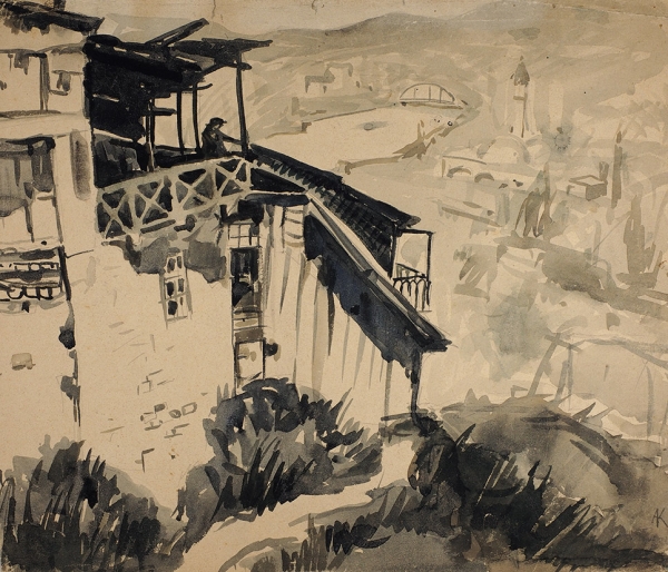 Каплун Адриан Владимирович (1887-1974) «Балкон. Тбилиси». 1936. Бумага, акварель, 36,5x12 см.
