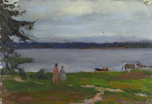 Назаров Константин Борисович (1933–1981) «На озере». 1956. Картон, масло, 17,2x25 см.