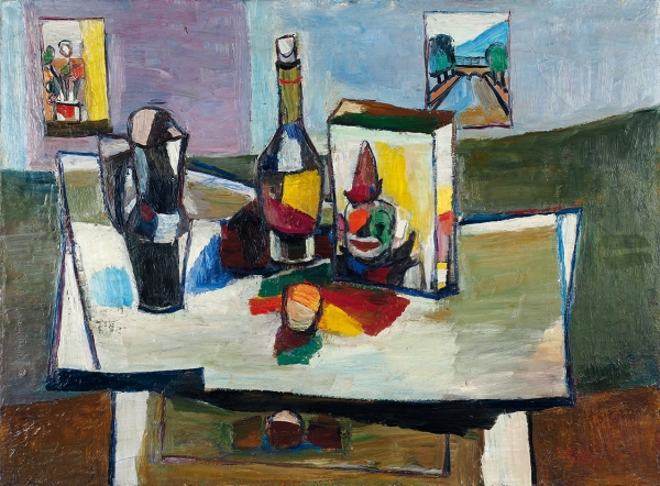 Пайлес Исаак (1895–1978) «Натюрморт с кувшином, бутылкой и книгой». 1950-е. Холст, масло, 60x80 см.