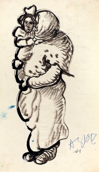 Зверев Анатолий Тимофеевич (1931–1986) «Женщина с ребенком на руках». 1956. Бумага, тушь, кисть, 30x18 см.
