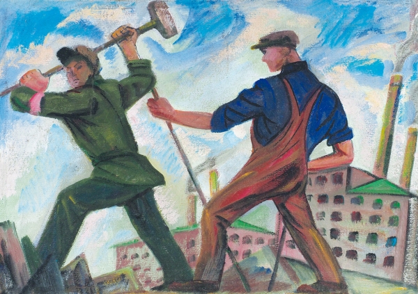 Чернов Александр. «Двое рабочих». 1991. Холст, акрил, белила. 43x60 см.
