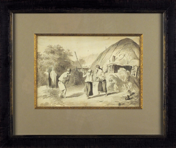 Клодт фон Юргенсбург Михаил Петрович (1835–1914) «Жанровая сцена». 1870. Бумага, графитный карандаш, акварель, 16,5x24,5 см (в свету).