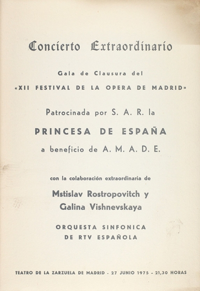 Ростропович, М., Вишневская, Г. Программа выступления в театре Сарсуэлы. Мадрид, 1975.