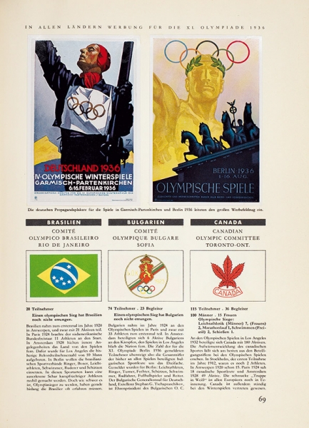 Олимпийские игры 1936 в Берлине и Гармиш-Партенкирхен. [Die Olympischen Spiele 1936 in Berlin und Garmisch-Partenkirchen. На нем. яз.]. В 2 т. Т. 1-2. Altona-Bahrenfeld (Hamburg): Cigaretten-Bilderdienst, [1936].