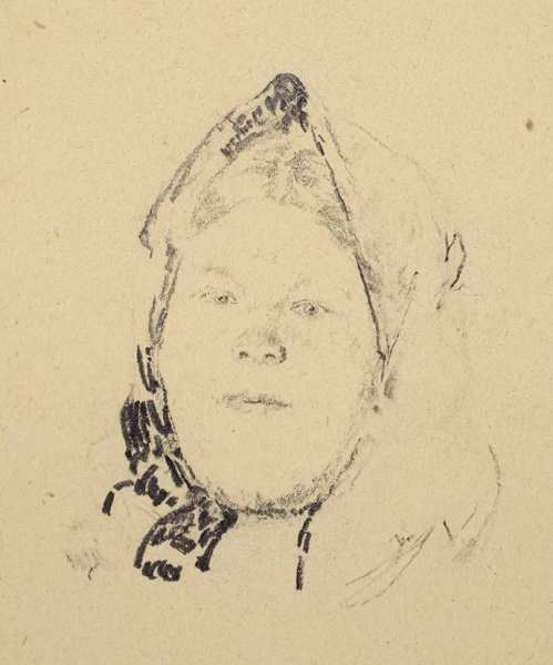 Малявин Филипп Андреевич (1869–1940) Набросок женской головы в платке. 1910-е — 1920-е. Бумага, графитный карандаш, 31,5x27 см.