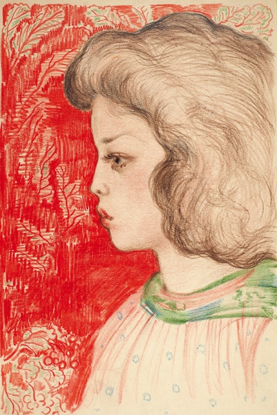 Барто Ростислав Николаевич (1902–1974) «Портрет девочки на красном фоне». 1960-е. Бумага, цветные карандаши, 30x21 см.