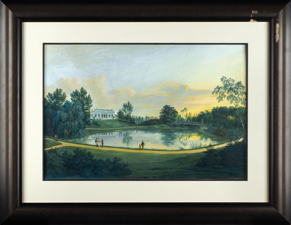 Мартынов Андрей Ефимович (1768–1826) «Пейзаж с озером». Конец XVIII века. Бумага, акварель, белила, 37x55 см (в свету).