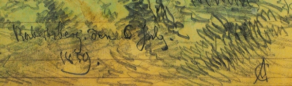 [Из собрания И.В. Качурина] Шарлемань (Charlemagne) Адольф Иосифович (1826–1901) «Пейзаж с замком». 1859. Бумага на картоне, графитный карандаш, акварель, 23,3x20,7 см.