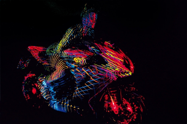Рибас Виктор. Лазерная фрактальная фотография «Мотоцикл MV Agusta с моделью». 2019. Тираж 20 экземпляров. Бумага, авторская техника. 45x30 см.