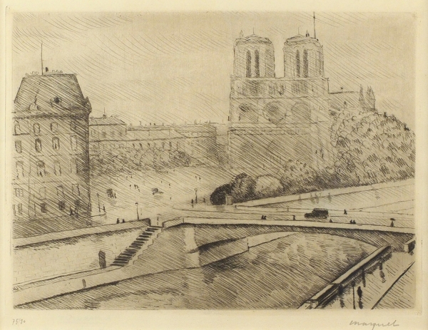 Марке Альбер (Albert Marquet) (1875–1947) «Нотр-Дам-де-Пари и Сена (Notre-Dame de Paris et la Seine)». Лист из серии «Берега Сены (Les Bords de la Seine)». 1929. Бумага, сухая игла, 28x37,8 см (лист), 22,5x30,5 см (оттиск).