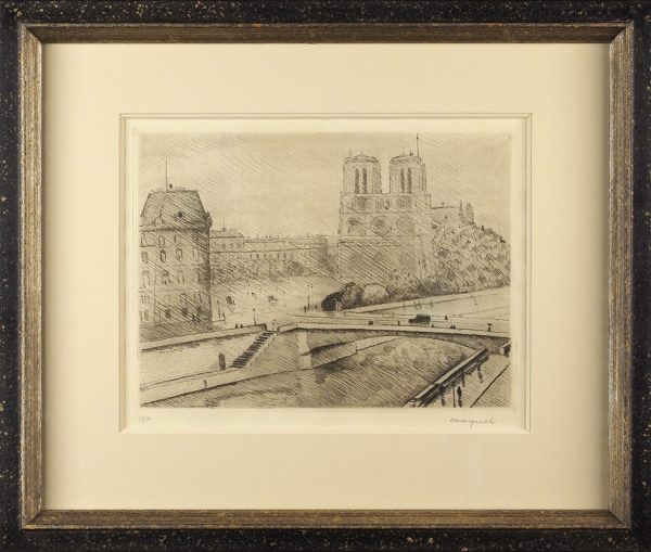 Марке Альбер (Albert Marquet) (1875–1947) «Нотр-Дам-де-Пари и Сена (Notre-Dame de Paris et la Seine)». Лист из серии «Берега Сены (Les Bords de la Seine)». 1929. Бумага, сухая игла, 28x37,8 см (лист), 22,5x30,5 см (оттиск).