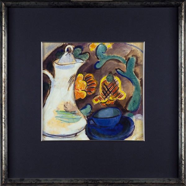 Раубе-Горчилина Мария Вячеславовна (1900–1979) «Натюрморт с синей чашкой и белым кувшином». 1930-е. Бумага, акварель, 28x29 см (в свету).