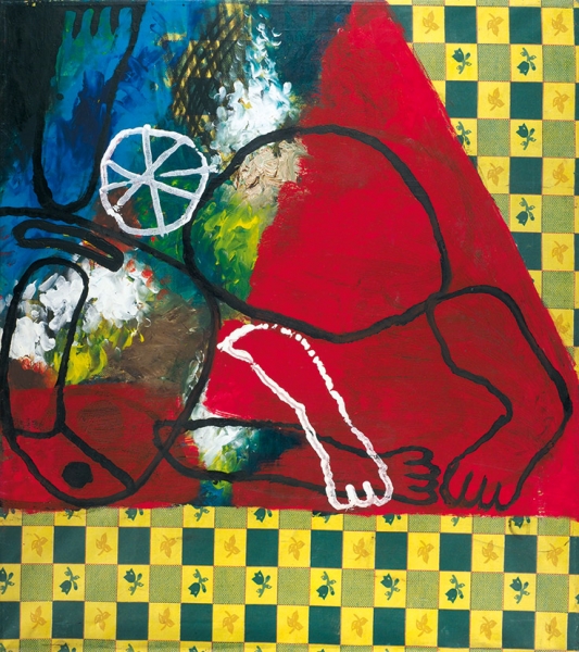 Ланг Олег Владимирович (1950–2013) Триптих «Велосипедист», «Пешеход», «Мотоциклист». 2005. Холст, акрил, 80x70 см, 90x70 см, 95x75 см.