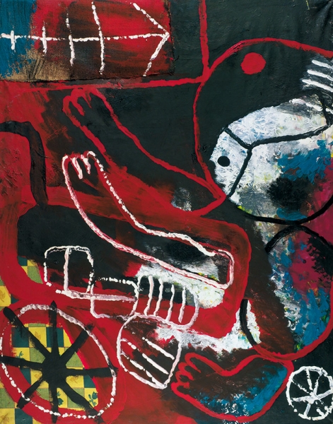 Ланг Олег Владимирович (1950–2013) Триптих «Велосипедист», «Пешеход», «Мотоциклист». 2005. Холст, акрил, 80x70 см, 90x70 см, 95x75 см.