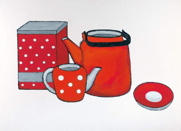 Желудь Анна (род. 1981) «Красная посуда». 2015. Бумага на фанере, масло, 51,5x71,5 см.