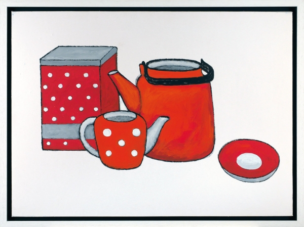Желудь Анна (род. 1981) «Красная посуда». 2015. Бумага на фанере, масло, 51,5x71,5 см.