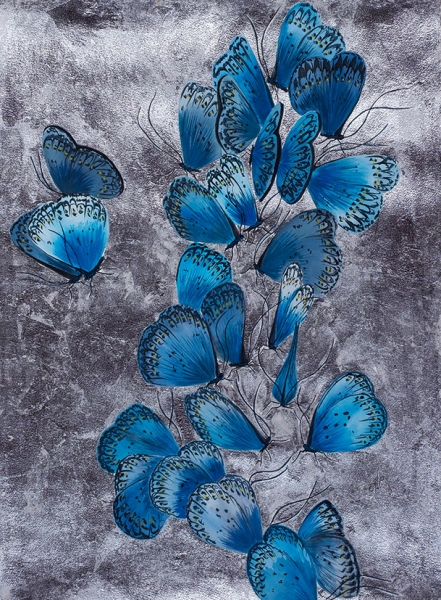 Вавилина Алена. «Голубые бабочки». 2018. Бумага, акварель, чернила, поталь серебряная. 76x56 см.
