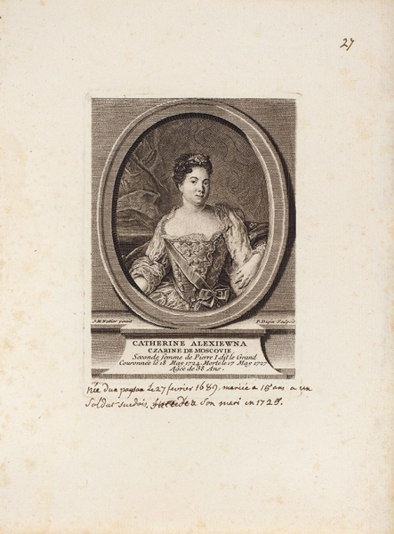 Дюпен Пьер (Pierr Dupin) (ок. 1690 — ок. 1751) по оригиналу Натье Жана-Марка (Jean-Marc Nattier) (1685–1766) 1717 года «Портрет Екатерины I». 1730. Бумага, резец, 14x10 см (оттиск).