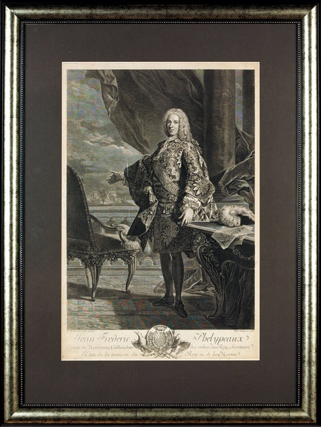Пети Жиль Эдме (Petit Gille Edme) (1694–1760) по оригиналу Ван Лоо Луи-Мишеля (Louis-Michel van Loo) (1701–1771) «Портрет графа де Морепа». 1736. Бумага, резец, 51x33,5 см (лист, в свету).