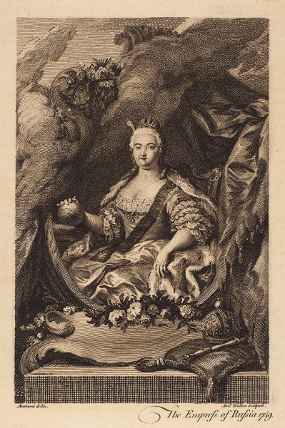 Уокер Энтони (Anthony Walker) (1726–1765) по оригиналу Амигони (Амикони) Якопо (Jacopo Amigoni (Amiconi)) (1675–1752) «Потрет императрицы Елизаветы Петровны». 1749. Бумага, резец, 20x14 см (оттиск).