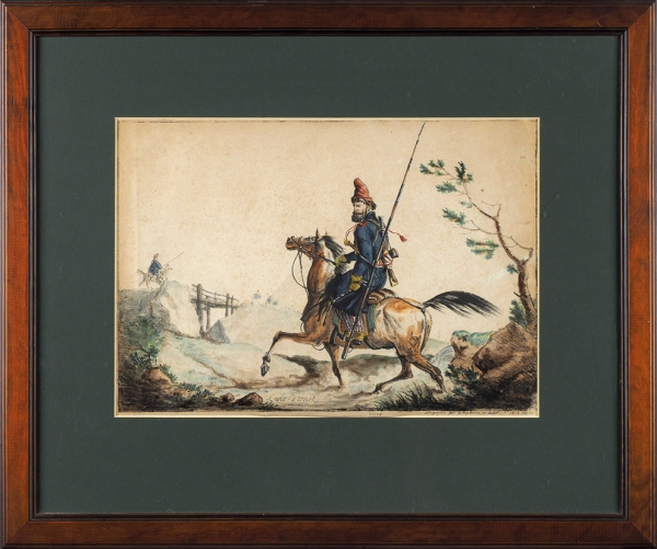 Энгельман Годфруа (Engelmann Godefroy) (1788–1839) по оригиналу Верне Карла Антуана Шарля Ораса (Carle Vernet) (1758–1835) «Казак на коне». 1815. Бумага, литография, 27x38 см (в свету).
