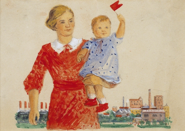 Эйгес Ольга Вячеславовна (1910–1996) Эскиз плаката «Счастливое детство». 1930-е. Бумага, смешанная техника, 16x19 см.