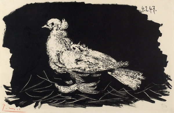 Пикассо Пабло (Pablo Picasso) (1881–1973) «Белый голубь на черном фоне». 1947. Бумага, автолитография, 32,5x49,5 см.