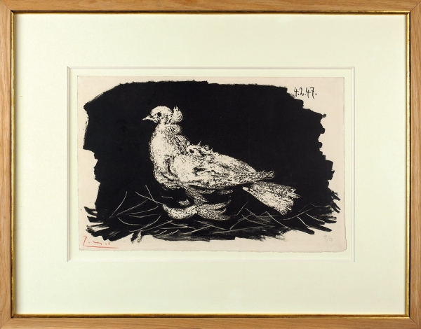 Пикассо Пабло (Pablo Picasso) (1881–1973) «Белый голубь на черном фоне». 1947. Бумага, автолитография, 32,5x49,5 см.