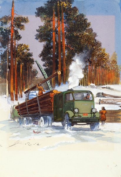 Тамби Владимир Александрович (1906–1955) «Паровой автомобиль НАМИ на лесоразработках». 1953. Бумага, графитный карандаш, акварель, белила, лак, 32x22,2 см.
