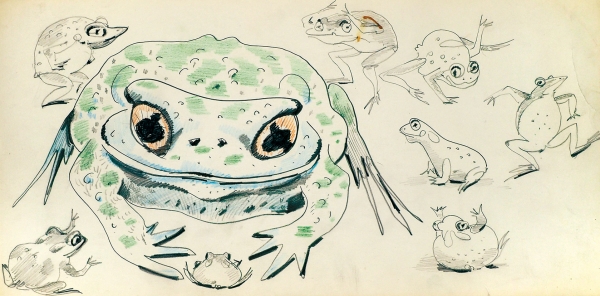 Барто Ростислав Николаевич (1902–1974) «Лягушки». 1965. Бумага, тушь, цветные карандаши, 18x37 см.