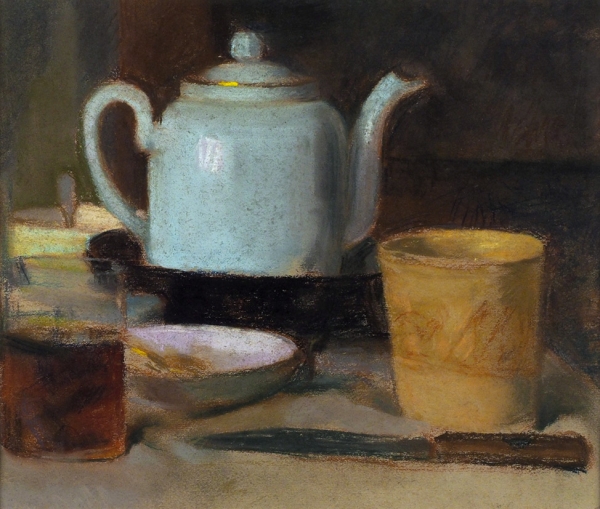 Рудаков Михаил Захарьевич (1914–1985) «Натюрморт с чайником». 1960-е. Бумага, пастель, 26x30 см (в свету).
