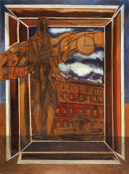 Дунич Валерий Евгеньевич (1937–2016) «Скульптура в окне». 1985. Картон, смешанная техника, 79,5x59,5 см.