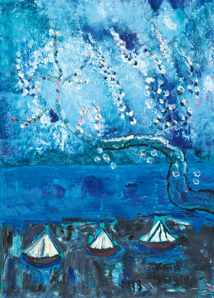 Медведева Катя (род. 1937) «Пейзаж с лодками». 2013. Холст, масло, 70x50 см.