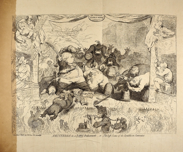 Джилрей Джеймс (James Gillray) (1756–1815) «Amsterdam in a DAM’d Predicament or The last scene of the Republican Pantomine». Лондон. 1787. Бумага, литография, 41,2x50 см (лист).