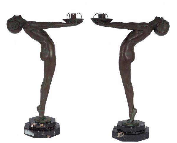 Пара знаменитых бронзовых скульптур-светильников Clarte в стиле ар-деко. Франция, 1928. Скульптор Макс ле Верье. Бронза, мрамор, металл.