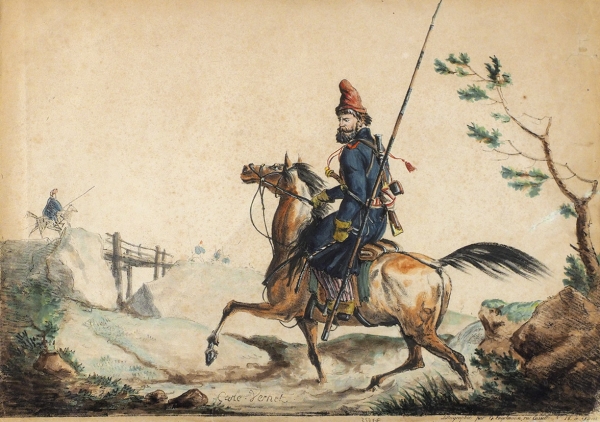 Энгельман Годфруа (Engelmann Godefroy) (1788–1839) по оригиналу Верне Карла Антуана Шарля Ораса (Carle Vernet) (1758–1835) «Казак на коне». 1815. Бумага, литография, 27x38 см (в свету).
