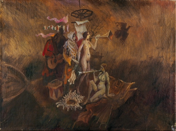 Измайлов Евгений Аскерович (род. 1939) «Группа на рыбе». 1970. Холст, масло, 44x59 см.