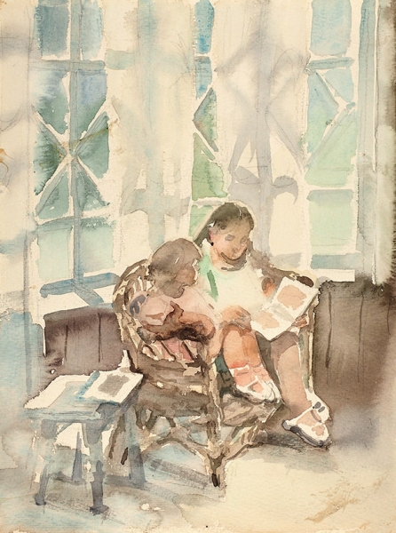 Мыслина Мария Владимировна (1901–1974) «Дети на веранде». Начало 1970-х. Бумага, акварель, карандаш, 32x24 см.