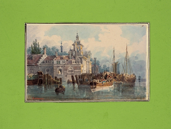 Кольман Карл Иванович (1786–1846) «Лодки у берега». 1820-е-первая половина 1840-х. Бумага, графитный карандаш, акварель, темпера, лак, 7,2x11,4 см.