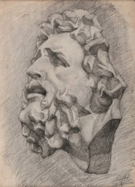 Ульянов Николай Павлович (1875–1949) «Маска Лаокоона». 1890-е. Бумага, графитный карандаш, 41x29 см (в свету).
