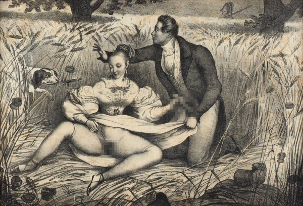 [18+] Эротическая литография: Гнездышко в поле. [Das nest im kornfeld / худ. N. Maurin]. Б.м, [1835].