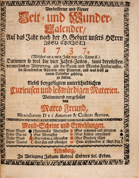 Конволют из 6 календарей курфюшества Саксония и свободного города Нюрнберг. На нем. яз. Лейпциг; Нюрнберг, 1737.