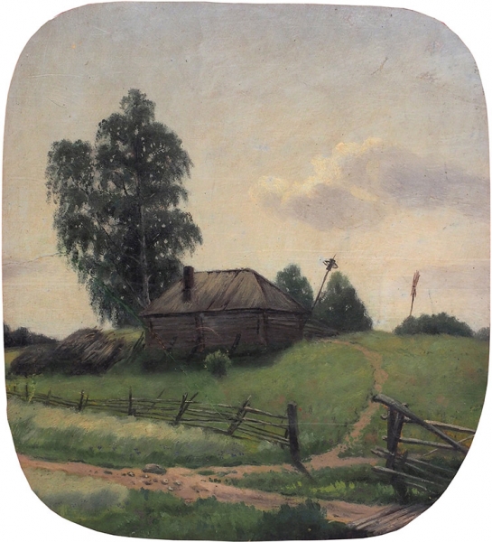 Золотарев М. (XIX-?) «Деревенский пейзаж». 1887. Картон, масло, 24x22 см.