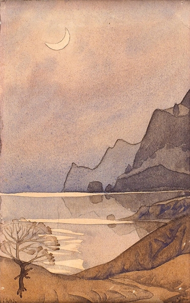 Волошин Максимилиан Александрович (1878–1932) «Луна над заливом». 1932. Бумага, графитный карандаш, акварель, 13,7x8,7 см.